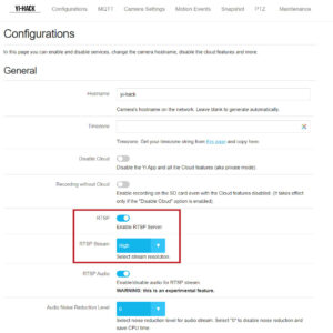 yi-hack - Ustawienia RTSP