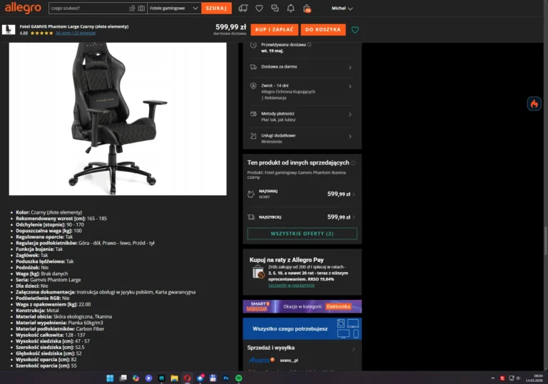 Błędny opis szerokości fotela Gamvis na aukcji Allegro sklepu Avans pomimo zakończonej reklamacji